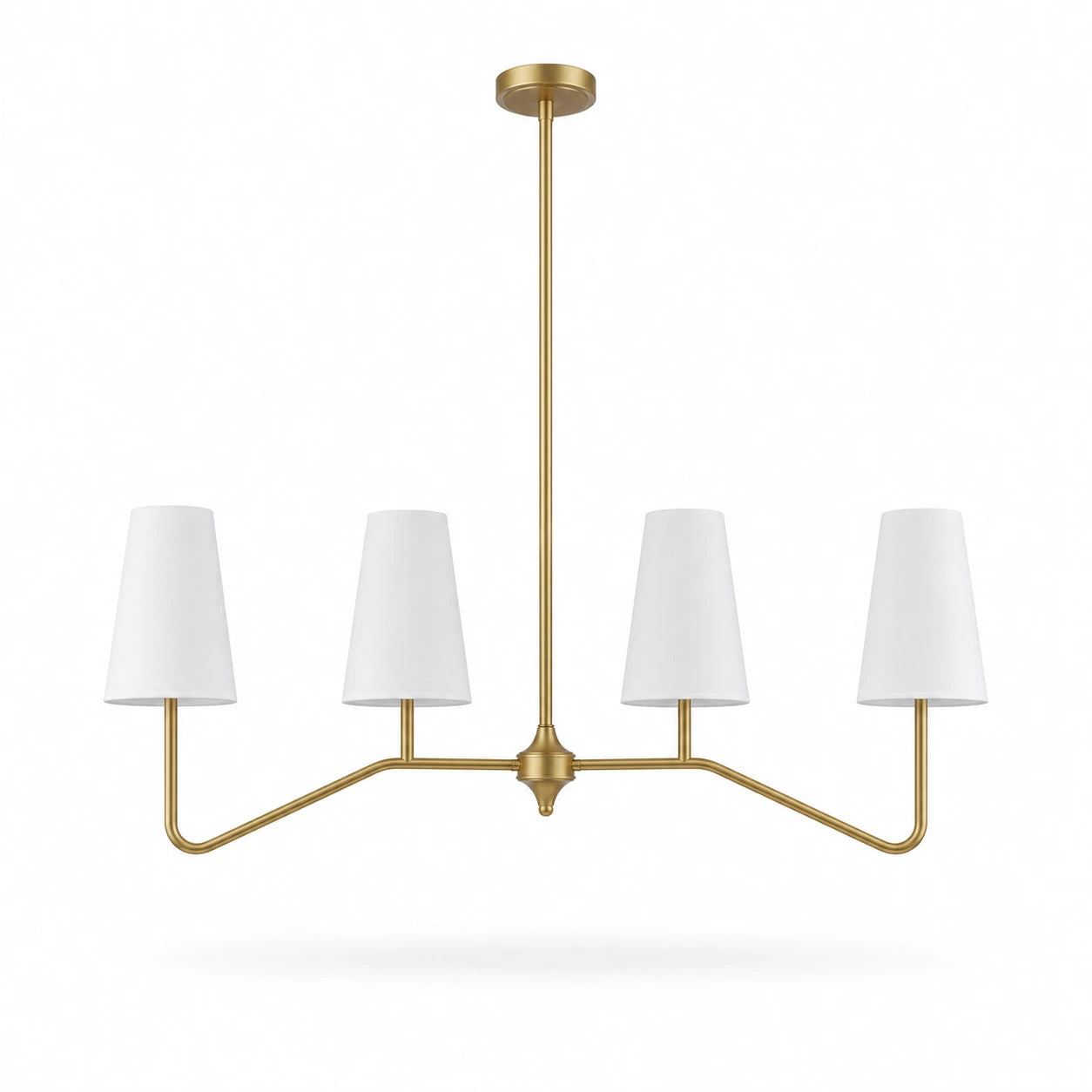 Strellux linear chandelier in brass finish with white shades