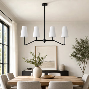 Strellux black linear chandelier in a dining room scene